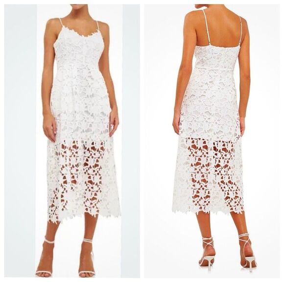 Endless Rose Crotchet Midi Dress Womens Sz XS White Floral Lace Strappy Sleeves - Picture 1 of 12